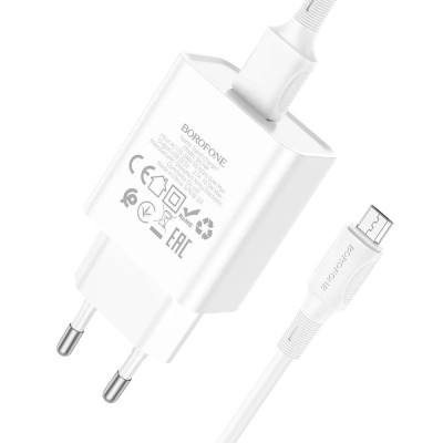 Зарядний пристрій з кабелем microUSB Borofone BA74A USB-A 2.1A white Зарядний пристрій з кабелем microUSB Borofone BA74A USB-A 2.1A white