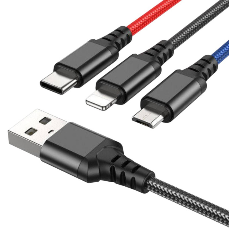 USB кабель Hoco X76 3 в 1 microUSB, Lightning, Type-C black red blue