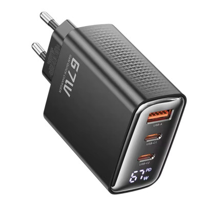 Зарядний пристрій Toocki GaN USB-A, 2USB-C 67W black Зарядний пристрій Toocki GaN USB-A, 2USB-C 67W black