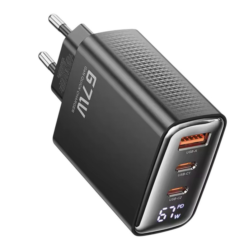 Зарядний пристрій Toocki GaN USB-A, 2USB-C 67W black Зарядний пристрій Toocki GaN USB-A, 2USB-C 67W black