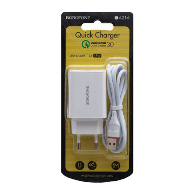 Зарядний пристрій з кабелем microUSB Borofone BA21A 1 USB 3000 mA QC 3.0 18W white Зарядний пристрій з кабелем microUSB Borofone BA21A 1 USB 3000 mA QC 3.0 18W white