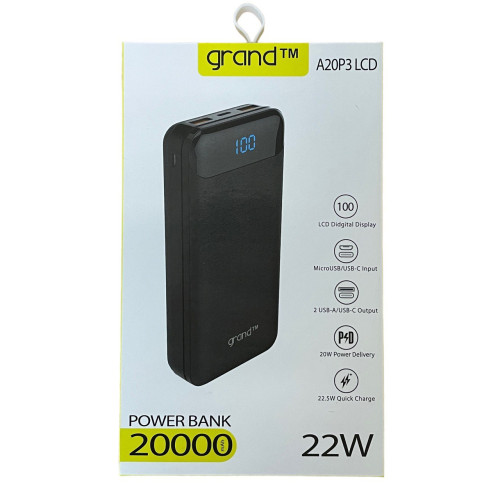 Зовнішній акумулятор Grand A20P3 PD 20W, QC 18W 20000 mAh black Зовнішній акумулятор Grand A20P3 PD 20W, QC 18W 20000 mAh black
