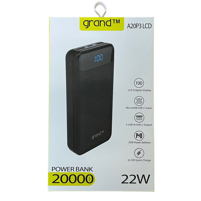 Зовнішній акумулятор Grand A20P3 PD 20W, QC 18W 20000 mAh black