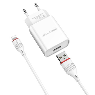 Зарядний пристрій з кабелем Lightning Borofone BA20A USB-A 2.1A white Зарядний пристрій з кабелем Lightning Borofone BA20A USB-A 2.1A white