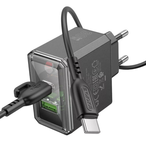 Зарядний пристрій з кабелем Type-C to Type-C Barofone BAS32A USB-C PD30W, USB-A QC 3.0 black Зарядний пристрій з кабелем Type-C to Type-C Barofone BAS32A USB-C PD30W, USB-A QC 3.0 black
