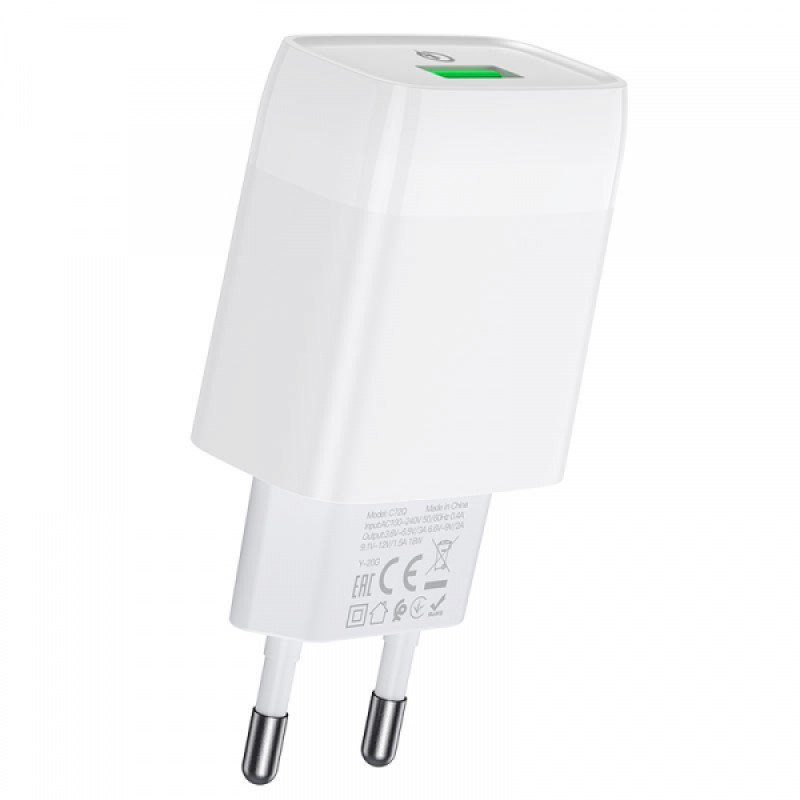 Зарядний пристрій Hoco C72Q USB-A, 3A, 18W, QC3.0 white