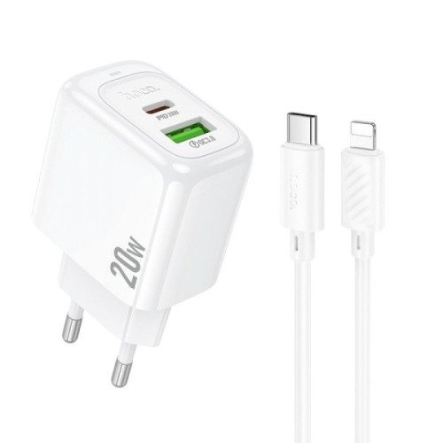 Зарядний пристрій з кабелем Type-C to Lightning Hoco CS54A USB-A, USB-C PD 20W white Зарядний пристрій з кабелем Type-C to Lightning Hoco CS54A USB-A, USB-C PD 20W white