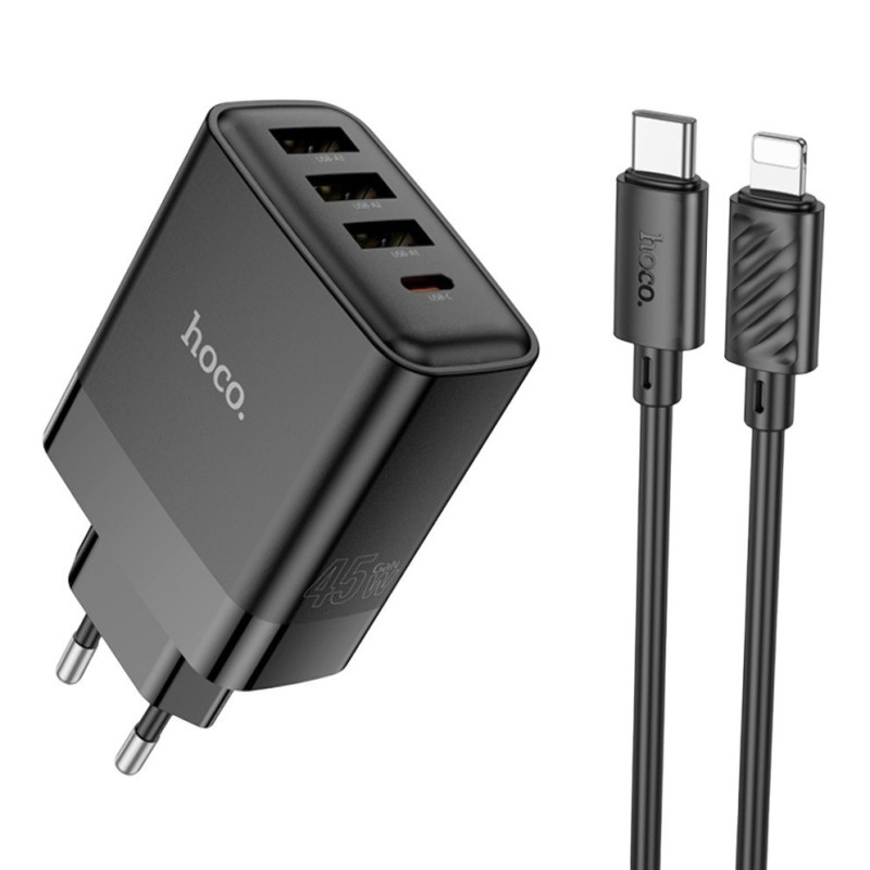 Зарядний пристрій з кабелем Type-C to Lightning Hoco C127A 3USB-A QC3.0, USB-C PD 45W black