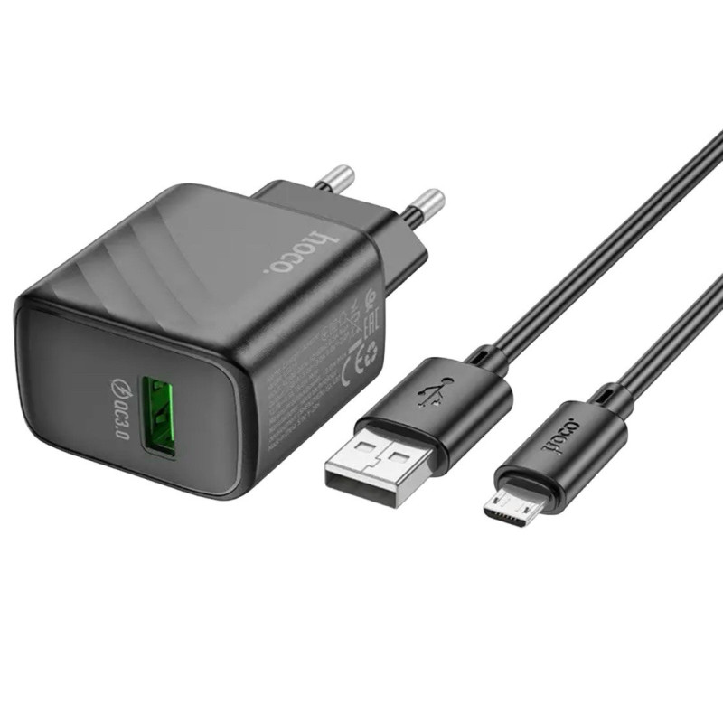 Зарядний пристрій з кабелем microUSB Hoco C140A USB-A 18W QC3.0 black