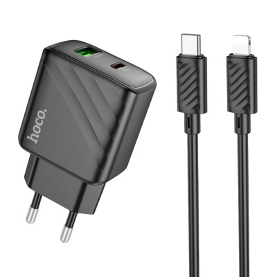 Зарядний пристрій з кабелем Type-C to Lightning Hoco CS23A USB-C, USB-A, PD 30W, QC3.0 black Зарядний пристрій з кабелем Type-C to Lightning Hoco CS23A USB-C, USB-A, PD 30W, QC3.0 black