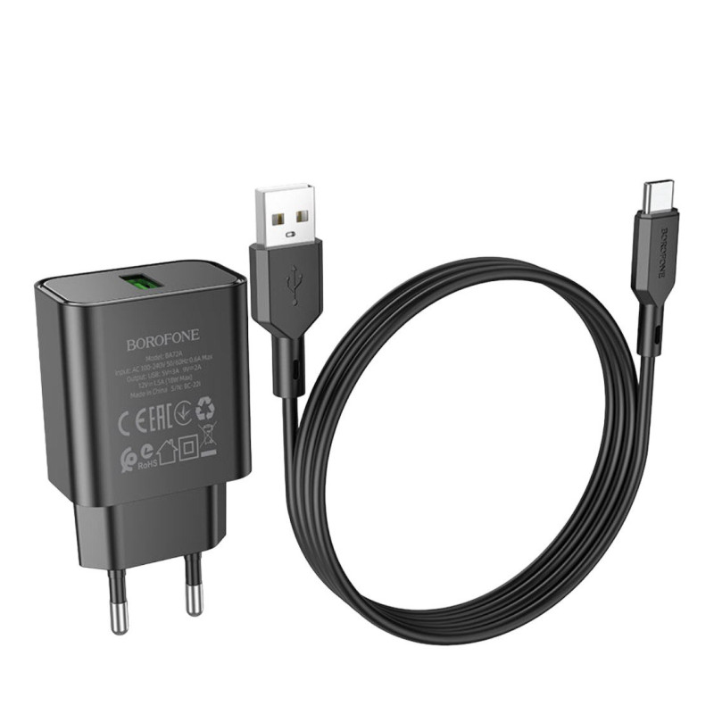 Зарядний пристрій з кабелем Type-C Borofone BA72A USB-A 3A QC 3.0 18W black