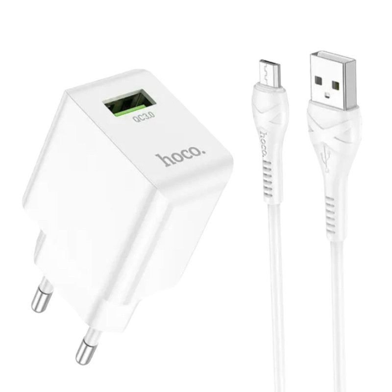 Зарядний пристрій з кабелем microUSB Hoco C98A USB-A, 3A, 18W, QC 3.0 white