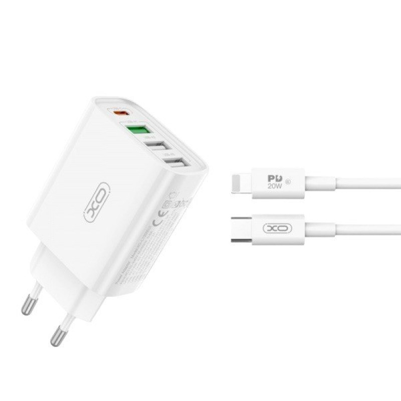 Зарядний пристрій з кабелем Type-C to Lightning  XO L120 USB-C PD20W, 3 USB-A QC 3.0 white