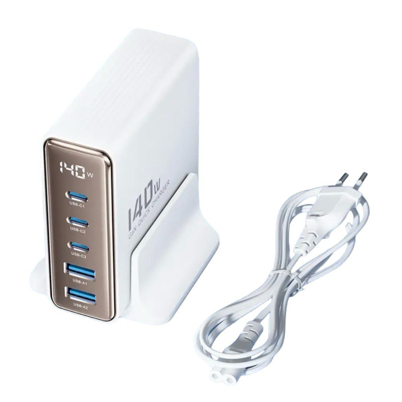 Зарядний пристрій Toocki GaN, 3 USB-C, 2 USB-A 140W (TCT140-22) white