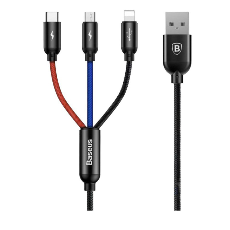 USB кабель Baseus 3 в 1 microUSB, Lightning, Type-C black CAMLT-ASY01 30 см