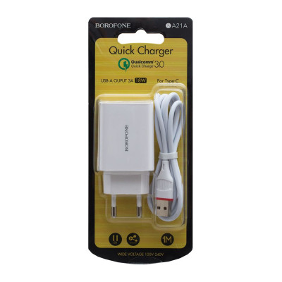 Зарядний пристрій з кабелем Type-C Borofone BA21A 1 USB 3000 mA QC 3.0 18W white Зарядний пристрій з кабелем Type-C Borofone BA21A 1 USB 3000 mA QC 3.0 18W white