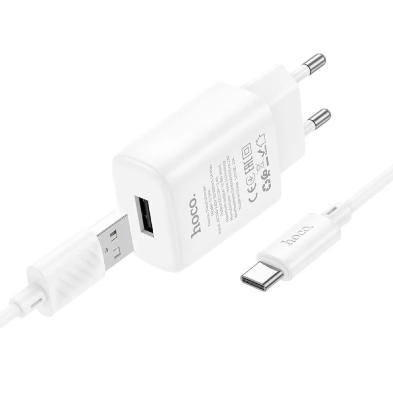 Зарядний пристрій з кабелем Type-C Hoco C134A USB-A, 2.1A white