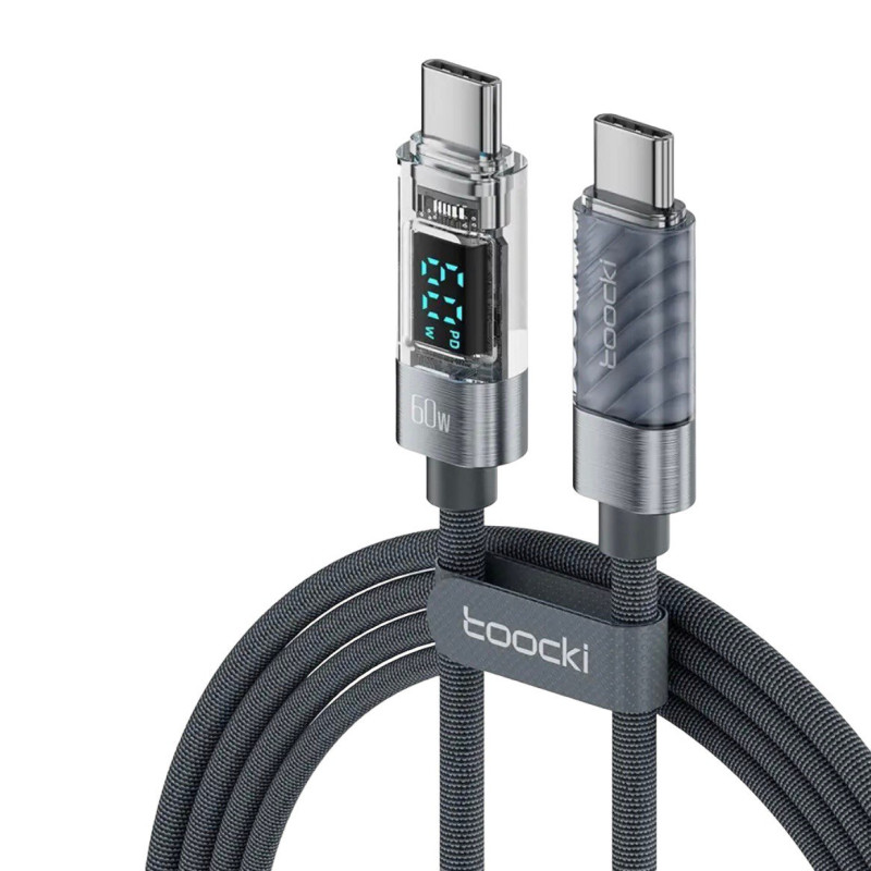 USB кабель Toocki Type-C to Type-C LED 100W gray 2 метри