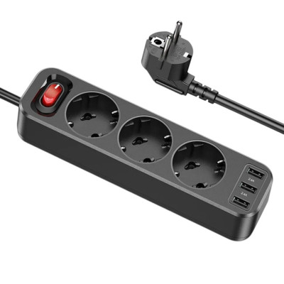 Мережевий подовжувач Hoco NS2, 3 розетки, 3 USB-A, 1.8 метра black Мережевий подовжувач Hoco NS2, 3 розетки, 3 USB-A, 1.8 метра black