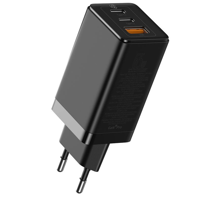 Зарядний пристрій з кабелем Type-C Baseus GaN2 Lite QC 2 Type-C, USB 65W black (CCGAN2P-B01)