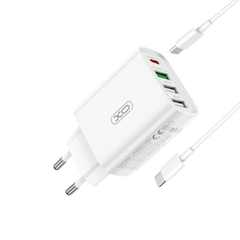 Зарядний пристрій з кабелем Type-C to Type-C XO L120 USB-C PD20W, 3 USB-A QC 3.0 white