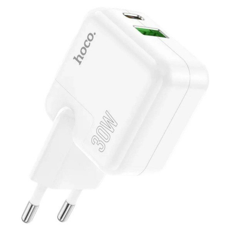Зарядний пристрій Hoco C111A, USB-C 30W, USB-A 3A, QC3.0 white