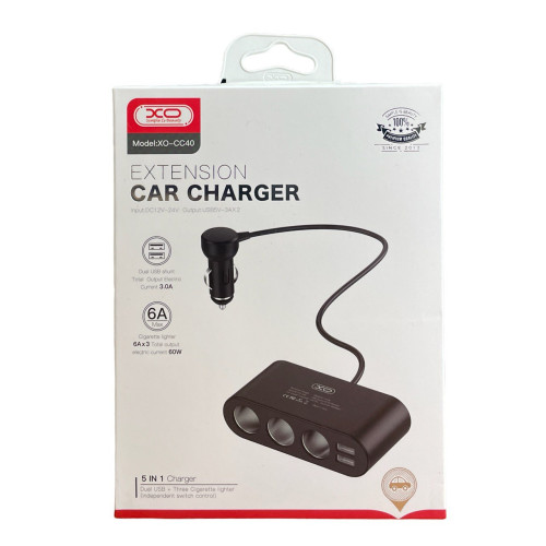 Автомобільний зарядний пристрій розгалужувач XO CC40 2 USB 6000 mA 60W LCD black