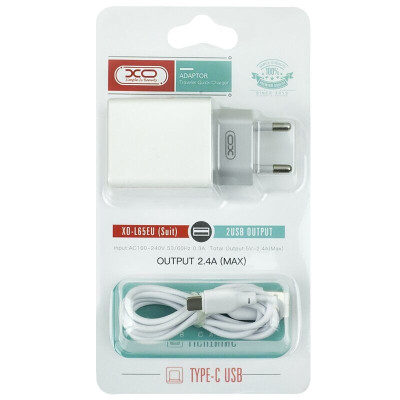 Зарядний пристрій з кабелем Type-C XO L65 2 USB 2400 mA white