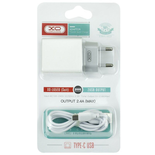 Зарядний пристрій з кабелем Type-C XO L65 2 USB 2400 mA white