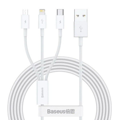 USB кабель Baseus 3 в 1 microUSB, Lightning, Type-C CAMLTYS-02 white 1.5 метра USB кабель Baseus 3 в 1 microUSB, Lightning, Type-C CAMLTYS-02 white 1.5 метра
