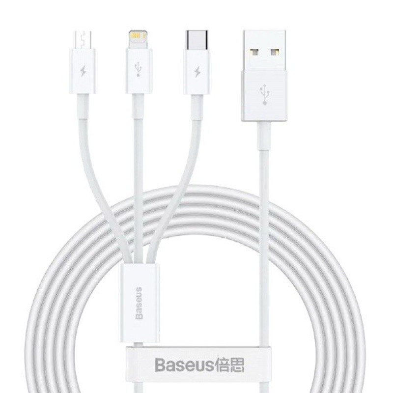 USB кабель Baseus 3 в 1 microUSB, Lightning, Type-C CAMLTYS-02 white 1.5 метра