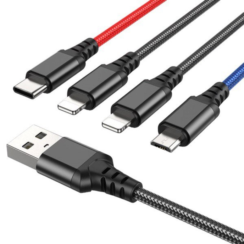USB кабель Hoco X76 4 в 1 microUSB, Lightning, Lightning, Type-C black red blue