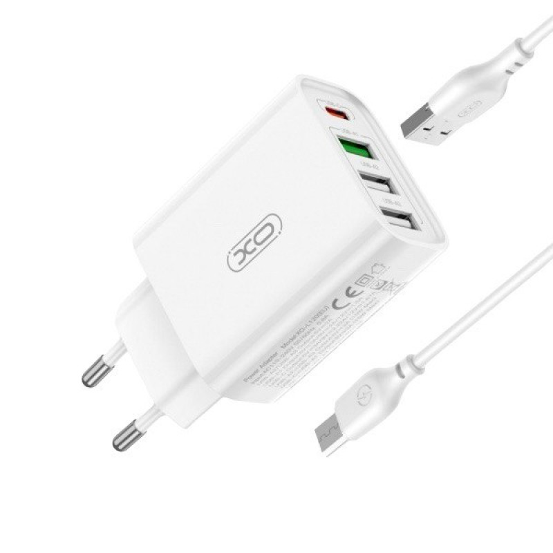 Зарядний пристрій з кабелем microUSB XO L120 USB-C PD20W, 3 USB-A QC 3.0 white