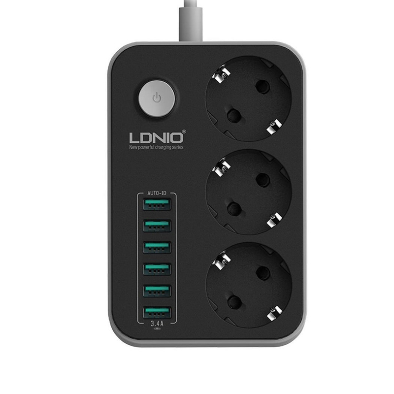 Мережевий подовжувач Ldnio SE3631, 3 розетки, 6 USB, 1,6 метри black