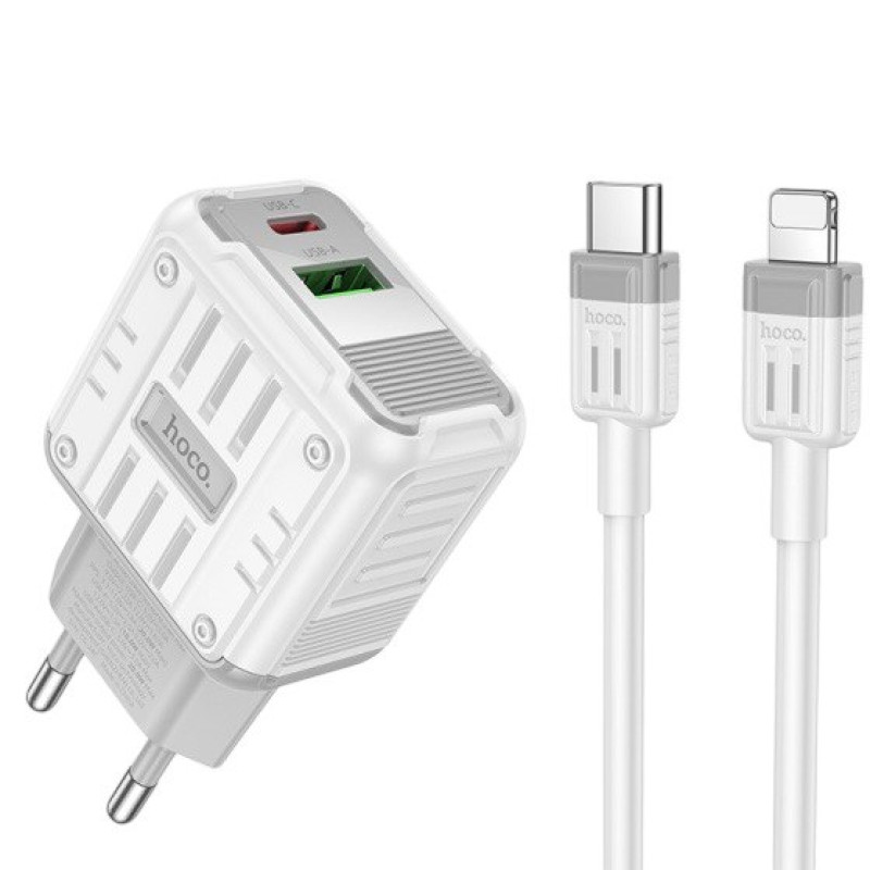 Зарядний пристрій з кабелем Type-C to Lightning Hoco C135A USB-C, USB-A, PD 20W, QC3.0, 3A white