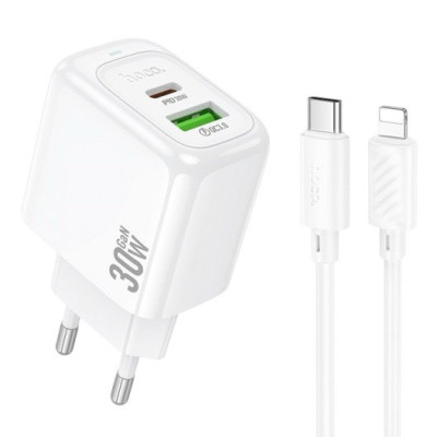 Зарядний пристрій з кабелем Type-C to Lightning Hoco CS55A USB-A QC3.0, USB-C PD 30W white