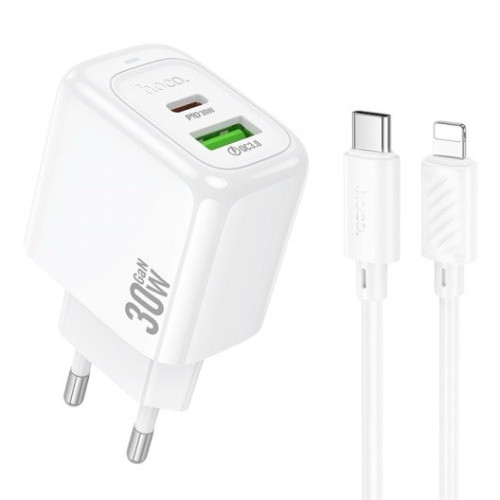 Зарядний пристрій з кабелем Type-C to Lightning Hoco CS55A USB-A QC3.0, USB-C PD 30W white
