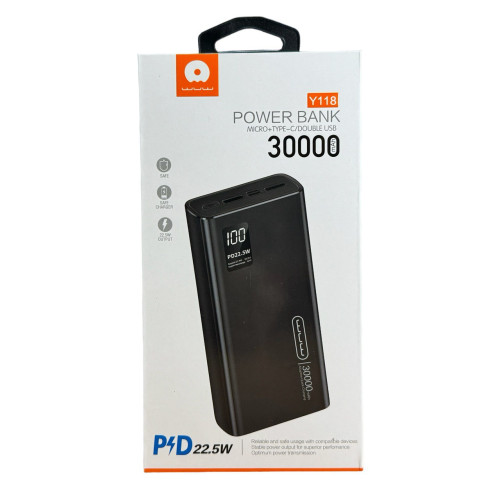 Зовнішній акумулятор WUW Y118 30000 mAh,PD 22.5W black Зовнішній акумулятор WUW Y118 30000 mAh,PD 22.5W black