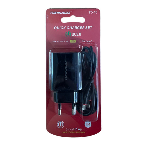 Зарядний пристрій з кабелем Type-C Tornado TD-15 1 USB 3000 mA QC 3.0 black Зарядний пристрій з кабелем Type-C Tornado TD-15 1 USB 3000 mA QC 3.0 black