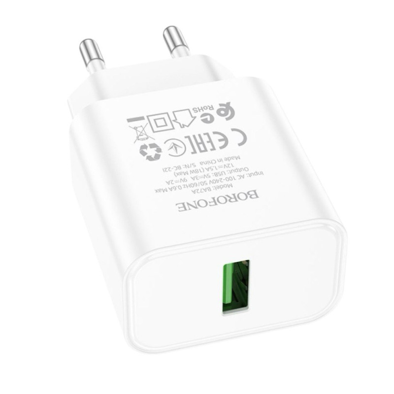 Зарядний пристрій Borofone BA72A USB-A 3A, 18W, QC 3.0 white