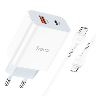 Зарядний пристрій з кабелем Type-C to Lightning Hoco C97A USB-C, USB-A, PD 20W, QC3.0, 3A white