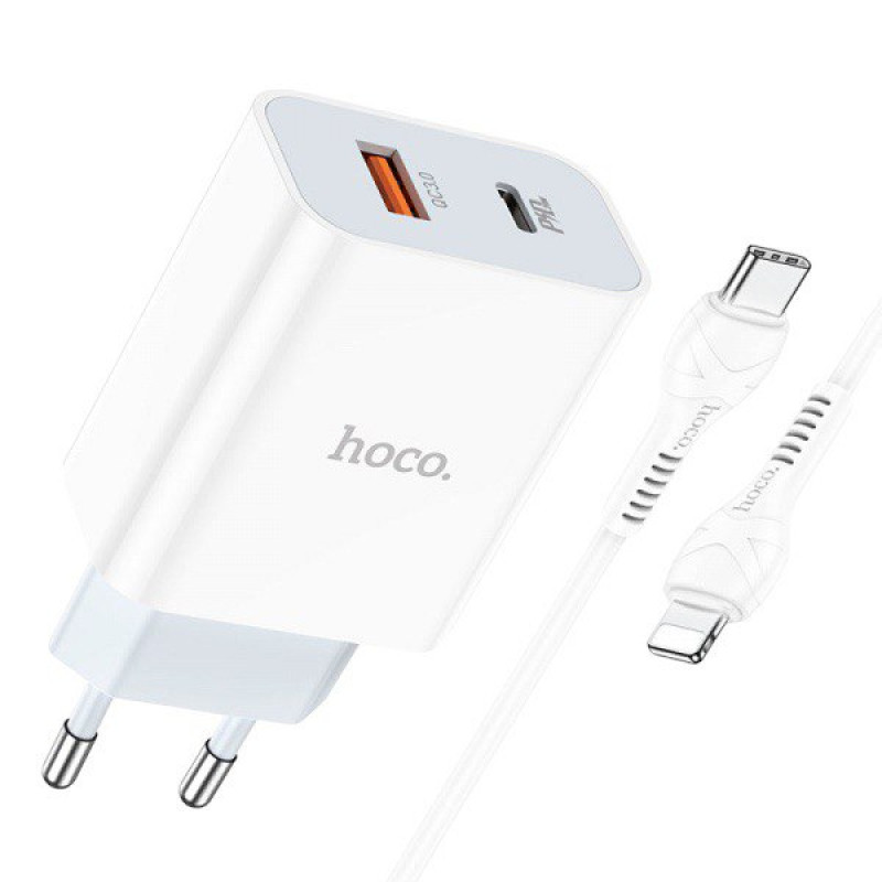 Зарядний пристрій з кабелем Type-C to Lightning Hoco C97A USB-C, USB-A, PD 20W, QC3.0, 3A white