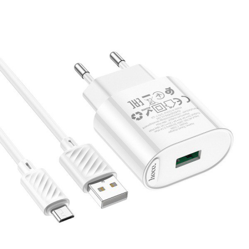 Зарядний пристрій з кабелем microUSB Hoco C109A USB-A, 3A, 18W, QC 3.0 white