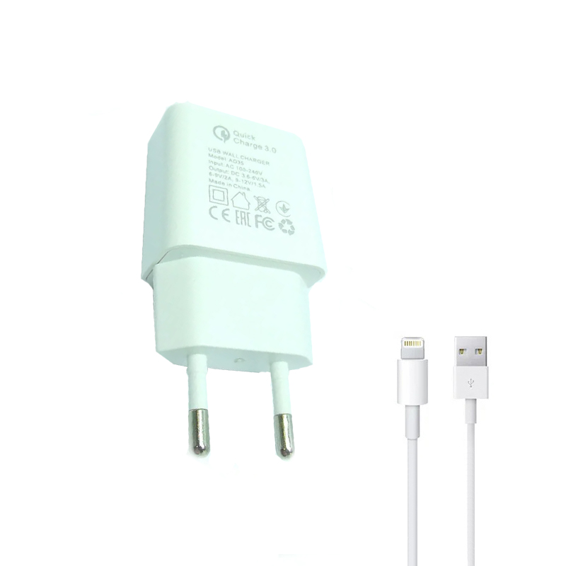 Зарядний пристрій з кабелем Lightning Ivon AD-35 1 USB 3000 mA QC 3.0 white