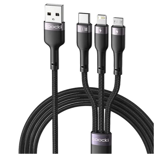 USB кабель Toocki TQ-X61 3 в 1 microUSB, Lightning, Type-C, 6A, 1.2 метри black