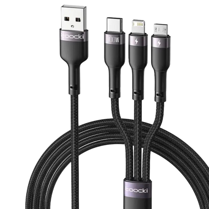 USB кабель Toocki TQ-X61 3 в 1 microUSB, Lightning, Type-C, 6A, 1.2 метри black