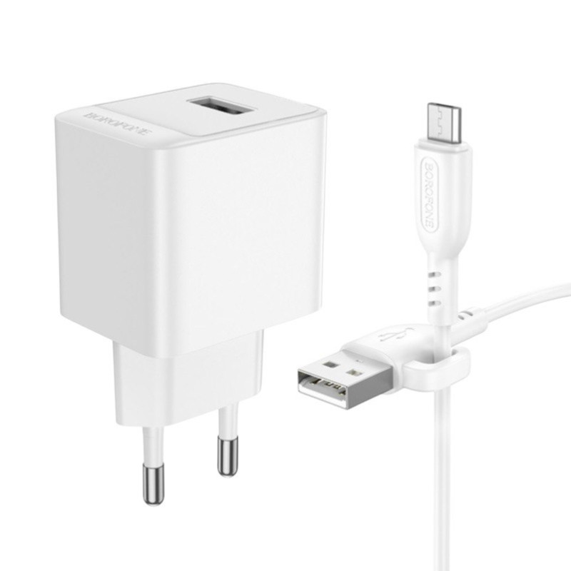 Зарядний пристрій з кабелем microUSB Borofone BAS11A USB 2.1A white Зарядний пристрій з кабелем microUSB Borofone BAS11A USB 2.1A white