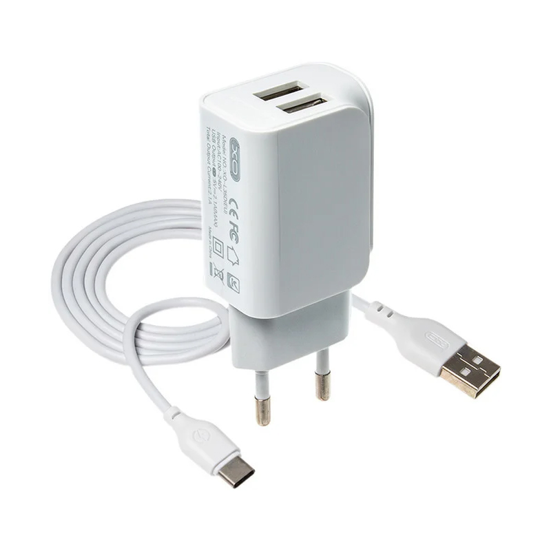 Зарядний пристрій з кабелем Type-C XO L35D 2 USB 2100 mA white
