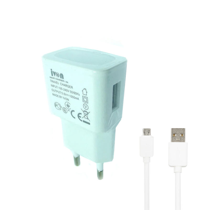 Зарядний пристрій з кабелем microUSB Ivon AD-18 1 USB 1000 mA white