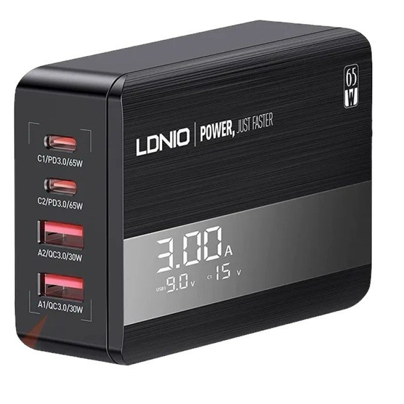 Зарядний пристрій Ldnio, 2 USB-C, 2 USB-A, 65W, LCD  black